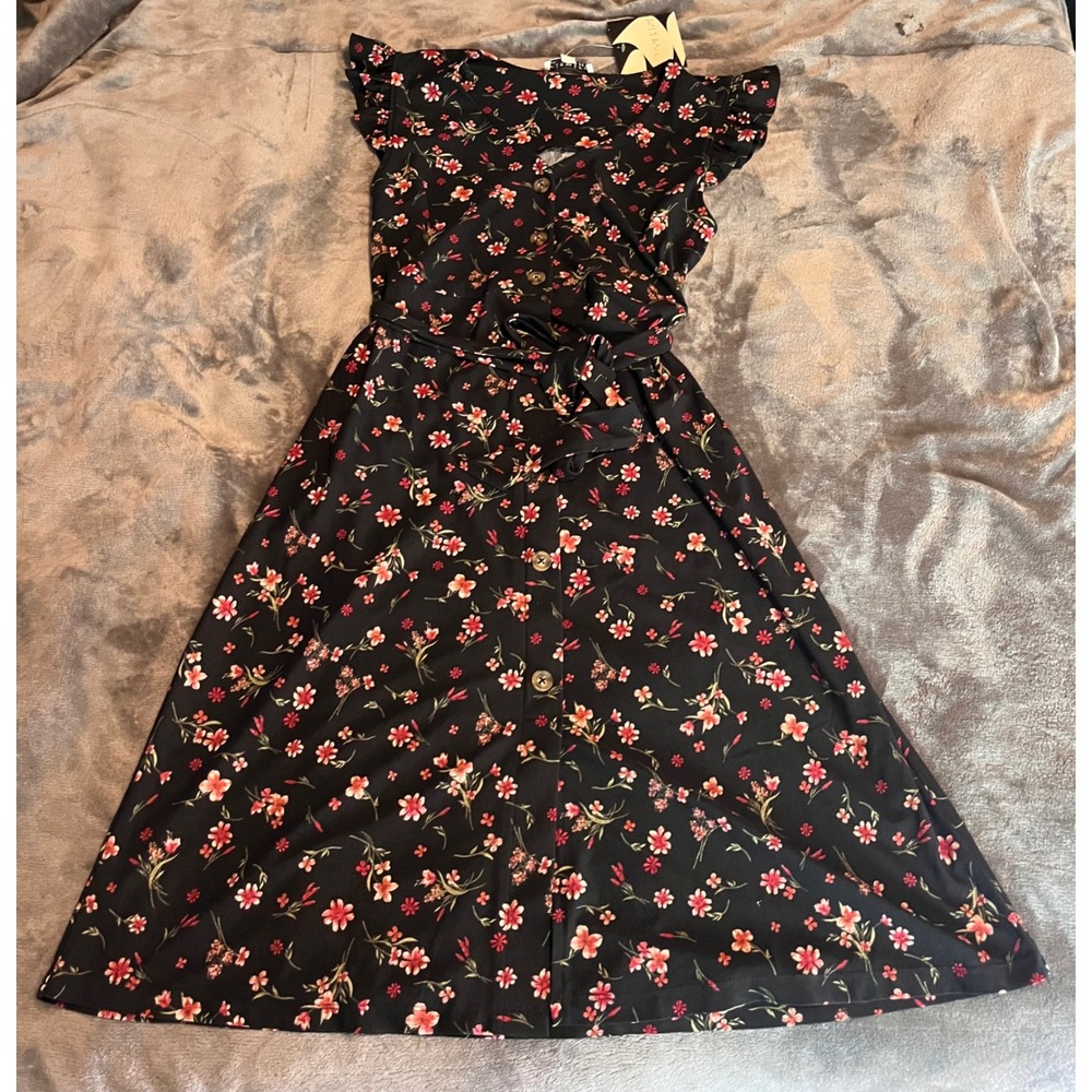 Inspired Hearts Black Floral Button Down Ruffle Sleeve Midi Dress Large NWT